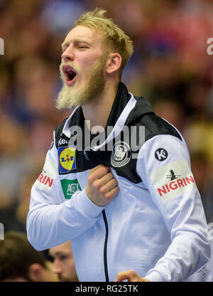 Herning, Danemark. 27 Jan, 2019. Handball : WM, ronde, match pour la 3e place, l'Allemagne - France. L'Allemagne Matthias Musche cheers sur la touche. Dpa : Crédit photo alliance/Alamy Live News Banque D'Images