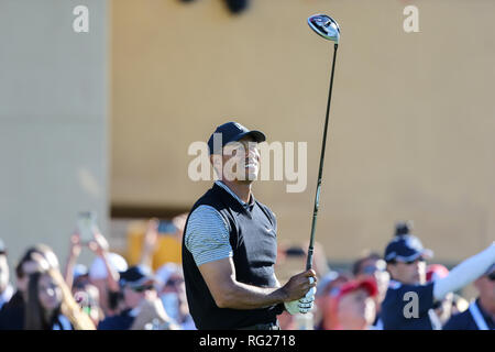 San Diego, CA. 25 Jan, 2019. Tiger Woods au cours de deuxième tour des agriculteurs ouvrent à parcours de golf de Torrey Pines à San Diego, CA, le 25 janvier 2019. Jevone Moore : csm Crédit/Alamy Live News Banque D'Images