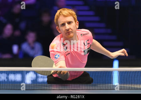 Londres, Royaume-Uni. 27 janvier 2019. Gavin Rumgay (SCO) contre Hu Junchao (RCS) dans le dernier match pendant 16 Betvictor Championnat du Monde de Ping Pong - tournoi 2019 - dernier 16 phase éliminatoire à Alexander Palace le dimanche 27 janvier 2019. Londres en Angleterre. (Usage éditorial uniquement, licence requise pour un usage commercial. Aucune utilisation de pari, de jeux ou d'un seul club/ligue/dvd publications.) Crédit : Taka G Wu/Alamy Live News Banque D'Images