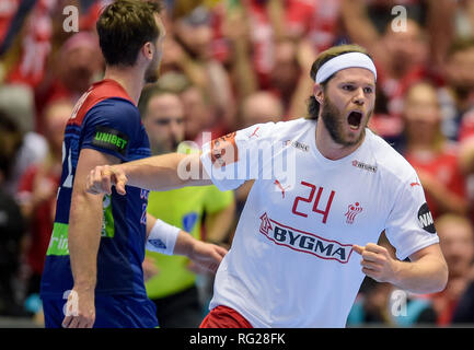 Herning, Danemark. 27 Jan, 2019. Handball : WM, ronde, final, le Danemark - Norvège. Mikkel Hansen du Danemark à la vôtre sur un objectif. Axel Heimken Crédit :/dpa/Alamy Live News Banque D'Images