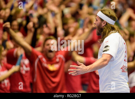 Herning, Danemark. 27 Jan, 2019. Handball : WM, ronde, final, le Danemark - Norvège. Mikkel Hansen du Danemark à la vôtre sur un objectif. Axel Heimken Crédit :/dpa/Alamy Live News Banque D'Images