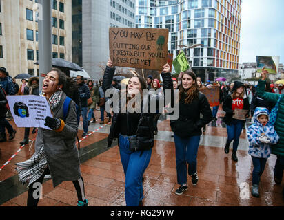 Bruxelles, Belgique. 27 Jan, 2019. Les gens tiennent des pancartes qu'ils assistent à un climat mars à Bruxelles, Belgique, 27 janvier 2019. Bruxelles a appelé 'lieu de mars Climate' le dimanche, alors que des dizaines de milliers de personnes ont réclamé le gouvernement belge d'augmenter ses efforts pour faire face au changement climatique. Credit : Zhang Cheng/Xinhua/Alamy Live News Banque D'Images