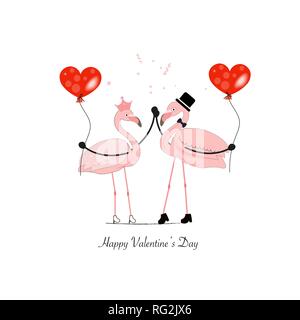 Un couple drôle de flamants amoureux tenant main et ballon de coeur. Carte de vœux de bonne Saint Valentin Illustration de Vecteur