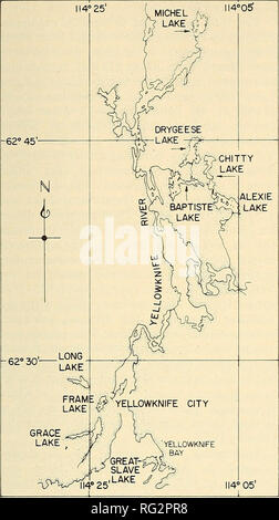 . La Canadian field-naturaliste. HEALEY 1978 : les populations de mollusques sphaeriidés, T.N.-O. 243. La figure . Carte de la région de Yellowknife. Territoires du Nord-Ouest, avec l'emplacement des huit lacs où l'abondance des mollusques sphaeriidés a été étudié. cependant, est devenu sous la glace anoxiques en hiver (G. Brunskill, communication personnelle). La température de surface atteint 18 à 20°C en juillet et des températures de l'épilimnion étaient communément 16-18°C tout au long de l'été. La zone littorale (tel que défini par Ruttner, 1963) a été de portée limitée dans tous les lacs, sauf le long du châssis et peu profondes. Les substrats littoraux étaient généralement rock Banque D'Images