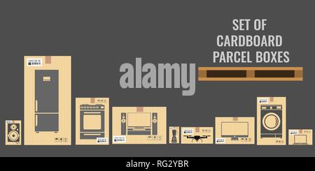 Ensemble de boîtes de carton avec différentes tailles réel et de divers équipements ménagers et les ustensiles. Télévision vector illustration. Illustration de Vecteur