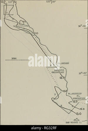 . Courant de Californie entre reconnaissance Monterey et Santa Barbara.. L'océanographie. La figure 51. Contours d'isothermes à la surface. 73. Veuillez noter que ces images sont extraites de la page numérisée des images qui peuvent avoir été retouchées numériquement pour plus de lisibilité - coloration et l'aspect de ces illustrations ne peut pas parfaitement ressembler à l'œuvre originale.. Molnar, David Louis.. Monterey, Californie : U.S. Naval Postgraduate School Banque D'Images