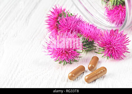 Le chardon marie (silybum marianum) comprimés et de fleurs sur une table en bois blanc (selective focus).Une des utilisations les plus communes de chardon de lait est de traiter li Banque D'Images