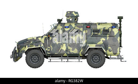 SUV blindé camion, véhicule de l'armée à toute épreuve, le camo voiture militaire isolé sur fond blanc, side view, 3D Rendering Banque D'Images