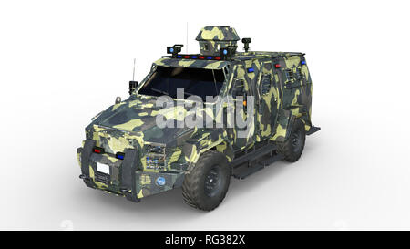SUV blindé camion, véhicule de l'armée à toute épreuve, le camo voiture militaire isolé sur fond blanc, 3D Rendering Banque D'Images
