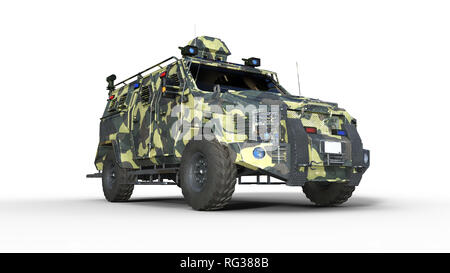 SUV blindé camion, véhicule de l'armée à toute épreuve, le camo voiture militaire isolé sur fond blanc, fond, rendu 3D Banque D'Images
