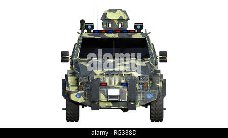 SUV blindé camion, véhicule de l'armée à toute épreuve, le camo voiture militaire isolé sur fond blanc, de face, 3D Rendering Banque D'Images