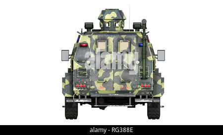 SUV blindé camion, véhicule de l'armée à toute épreuve, le camo voiture militaire isolé sur fond blanc, vue arrière, 3D Rendering Banque D'Images
