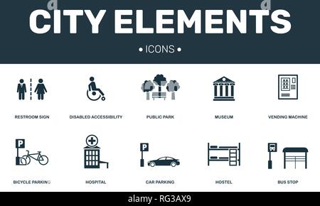 Ensemble City elements collection d'icônes. Comprend des éléments simples tels que les wc, mobilité, parc public, Auberge et location parking premium d'icônes. Illustration de Vecteur