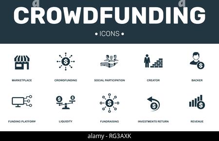 Crowdfunding set icons collection. Comprend des éléments simples tels que la place de marché, créateur, Backer, plate-forme de financement et de collecte de fonds d'icônes premium. Illustration de Vecteur