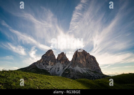 Vue sur Saslonch Sassolungo Langkofel, ou groupe de Sella, Col Sellajoch, Passo Sella Banque D'Images