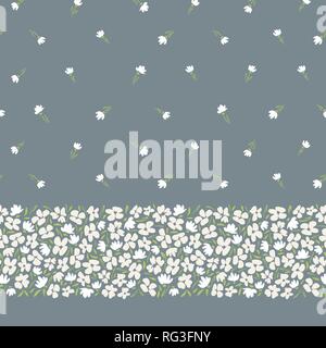Gestuelle abstraite classique vecteur floral ditsy horizontal transparent border et le motif. Petite échelle simpliste fleurs blanches à la main sur gris backgroun Illustration de Vecteur
