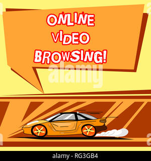 Texte de l'écriture manuscrite en ligne La navigation vidéo. Sens Concept processus interactif de l'écrémage par le contenu vidéo voiture avec un mouvement rapide et l'icône Banque D'Images