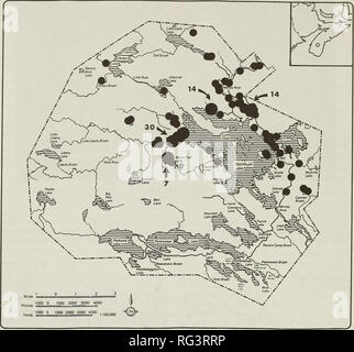 . La Canadian field-naturaliste. L'histoire naturelle. Les 184 108 Canadian Field-Naturalist Vol.. La figure 3. La distribution de Emydoidea blandingii dans le parc national Kejimkujik, en Nouvelle-Écosse. Les points noirs indiquent les différents toits de tortues (n =19) entre 1952-1991 ; les chiffres indiquent le nombre de tortues observées dans trois domaines de concentration. l'espèce et est considérée comme une relique d'une période climatique plus chaude (Bleakney, 1958a). Bien que rien n'est connu de l'histoire de l'espèce en Nouvelle-Écosse, une comparaison du passé et pré- envoyé des distributions de Emydoidea blandingii ailleurs sh Banque D'Images