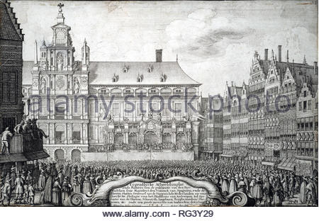 La paix de Münster est un traité entre les seigneurs Etats Généraux de l'Organisation des Pays-Bas et de la couronne espagnole, dont les termes ont été approuvés le 30 janvier 1648. Le Traité est un événement clé dans l'histoire néerlandaise marquant la reconnaissance formelle de la République néerlandaise indépendante et fait partie de la paix de Westphalie mettant fin à la guerre de Trente Ans et la Guerre de Quatre-Vingts Ans. Gravure par Wenceslaus Hollar aquafortiste bohème à partir de 1600 Banque D'Images