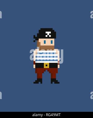 Pixel art illustration pirate 8 bits en costume de marin et bandana Illustration de Vecteur