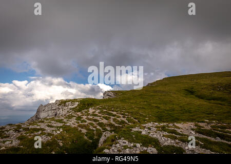 Vue depuis le bord du plateau, avec Rax, vert pré herbeux et bleu ciel nuageux, Schneeberg, Alpes, Basse Autriche Banque D'Images