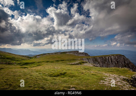 Vue depuis le bord du plateau, avec Rax, vert pré herbeux et bleu ciel nuageux, Schneeberg, Alpes, Basse Autriche Banque D'Images