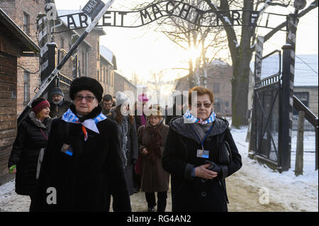 Des survivants d'Auschwitz sont vus traversant le célèbre gate au cours de 74e anniversaire de la libération d'Auschwitz et le jour de l'Holocauste. La plus grande concentration et d'extermination nazi d'Auschwitz-Birkenau KL camp a été libéré par l'Armée rouge le 27 janvier 1945. Banque D'Images