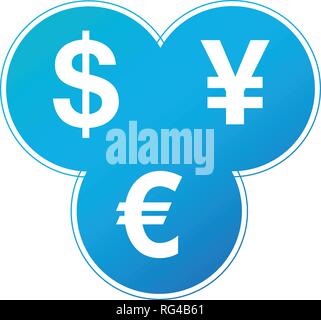 Service de change dollar, euro, yen icône. La plupart des devises cotées trois dans le monde en trois cercles. Vector illustration isolé sur fond blanc Illustration de Vecteur