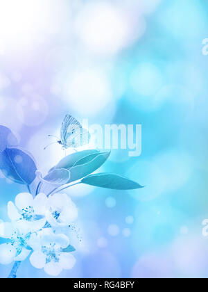 Apple Blossom et papillon sur l'arrière-plan flou vertical bleu. Les fleurs du printemps. Banque D'Images