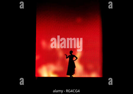 Figure silhouette de femme contre un écran rouge, Dublin, Irlande, Europe Banque D'Images