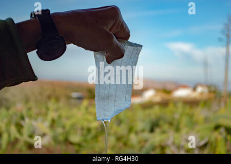 Une démonstration de couper une feuille, à l'aloe vera Aloe Vera Canarias Villa Garden Center à Fuerteventura, Îles Canaries Banque D'Images