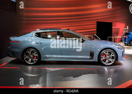 Bruxelles - Jan 18, 2019 : Kia voiture Stinger présentés lors du 97e Salon de l'Automobile de Bruxelles 2019 Autosalon. Banque D'Images