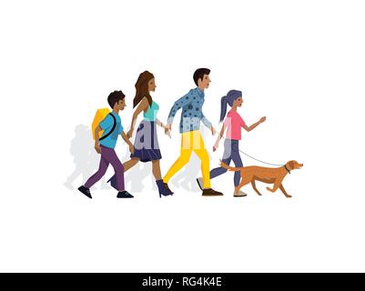 Les membres de la famille de promener le chien dans le parc et de passer du temps ensemble. Vector illustration. Illustration de Vecteur