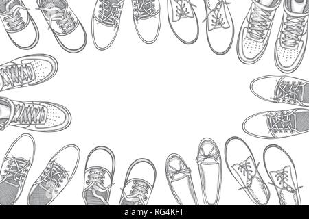 Arrière-plan de beaucoup de sport chaussures alignées dans un cercle avec de l'espace libre pour le texte, l'illustration vectorielle, dessinée à la main sur un fond blanc, dans un style croquis Illustration de Vecteur