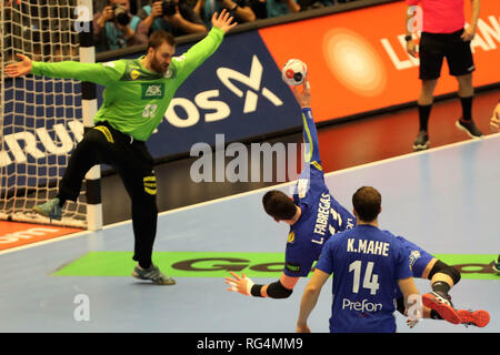 Herning, Danemark. 27 janvier 2019.Ludovic Fabregas,Kentin Mahé (France) et Andreas Wolff (Allemagne) au cours de l'IHF Championnat du monde masculin 2019, final round match de hand entre l'Allemagne et la France le 27 janvier 2019 à Jyske Bank Boxen à Herning, Danemark - Photo Laurent Lairys / MAXPPP Crédit : Laurent Locevaphotos Lairys/agence/Alamy Live News Banque D'Images