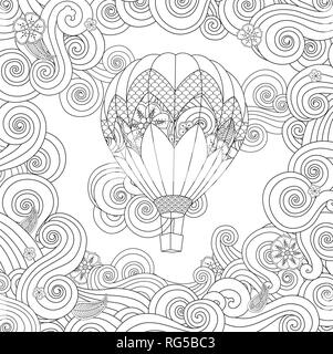 Montgolfière en zentangle style doodle inspiré isolé sur blanc. La page de coloriage pour adultes et les enfants plus âgés. Illustration de Vecteur