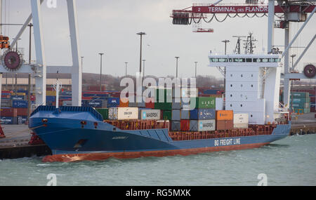 Le porte-conteneurs Aldebaran J accosté au terminal des flandres chargé avec des conteneurs de transport, Dunkerque, France. Banque D'Images