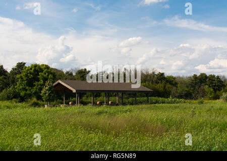 Abri à Channahon State Park entouré de prairie en Illinois, aux États-Unis. Banque D'Images