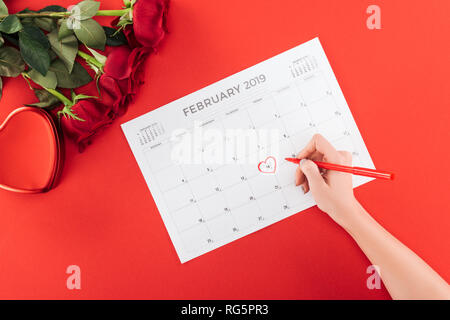 Portrait de femme avec marquage coeur 14 février date à calendar isolé sur rouge, st valentines day concept Banque D'Images