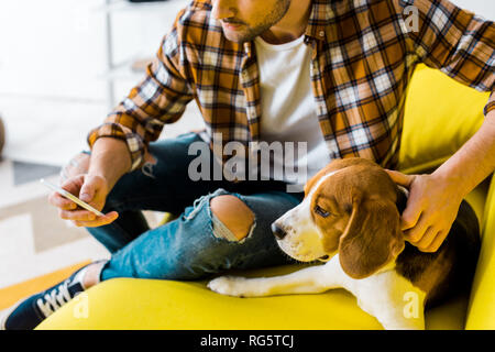 Portrait de man using smartphone, assis sur un canapé avec mignon chien Banque D'Images