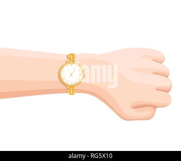 Montre-bracelet en or avec bracelet en or sur la main. Temps sur montre-bracelet. Télévision Cartoon vector illustration isolé sur fond blanc. Illustration de Vecteur