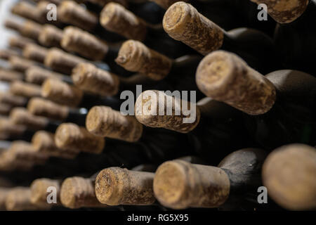 Les bouteilles de vin couvert de poussière et de moisissure dans une cave traditionnelle Banque D'Images