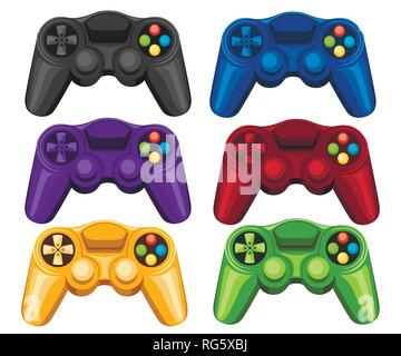 Ensemble de manettes de jeu sans fil coloré. Contrôleur de jeu vidéo. Gamepad pour PC ou console de jeux. Télévision vector illustration isolé sur fond blanc. Illustration de Vecteur