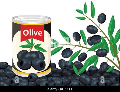 Ponctuées d'olive noire dans l'aluminium peut. Olive en conserve avec le logo de la direction générale. Produit pour supermarché et magasin. Télévision vector illustration sur fond blanc. Illustration de Vecteur