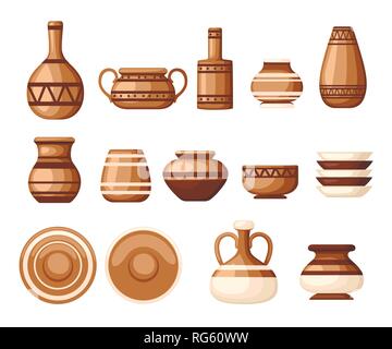 Ensemble de la vaisselle d'argile avec des motifs. Ustensiles de vaisselle - assiettes, cruches, pots. Argile brun. Télévision vector illustration isolé sur fond blanc. Illustration de Vecteur