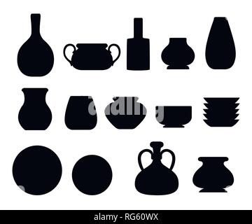 Silhouette noire. Ensemble de la vaisselle d'argile. Ustensiles de vaisselle - assiettes, cruches, pots. Argile brun. Télévision vector illustration isolé sur fond blanc. Illustration de Vecteur