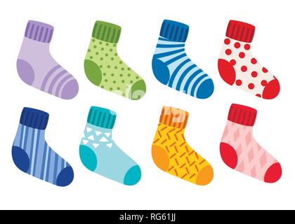 Chaussettes tricotées en laine de couleur collection. Chaussettes avec motif différent et la texture. Haut en couleur. Télévision vector illustration isolé sur fond blanc. Illustration de Vecteur