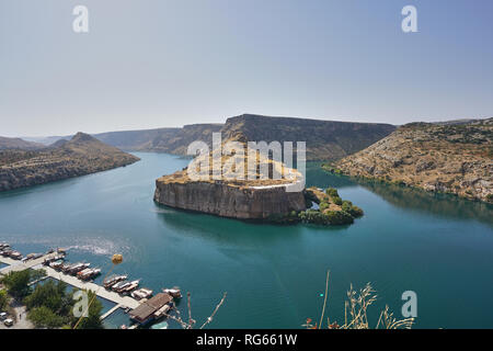 Vue aérienne de Rumkale et Euphrate, Halfeti, Turquie Banque D'Images