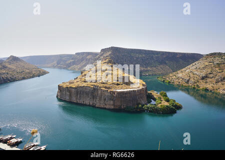 Vue aérienne de Rumkale et Euphrate, Halfeti, Turquie Banque D'Images