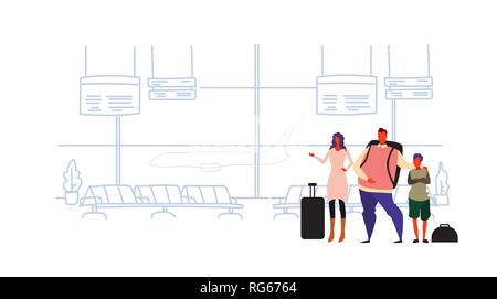 Les voyageurs de la famille passagers en attente à l'aéroport départ hall intérieur salon père mère et fils se tenant ensemble avec des bagages doodle croquis Illustration de Vecteur